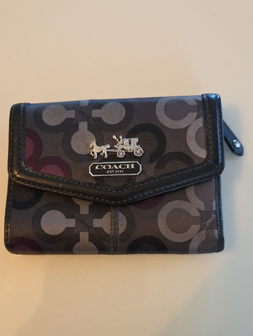 Coach Compact Signature Trifold Wallet - Gray & Plum